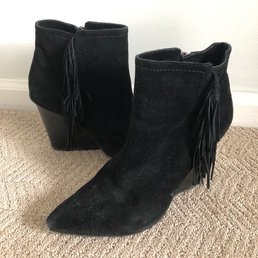 Black Suede Wedge Booties with Fringe Detail